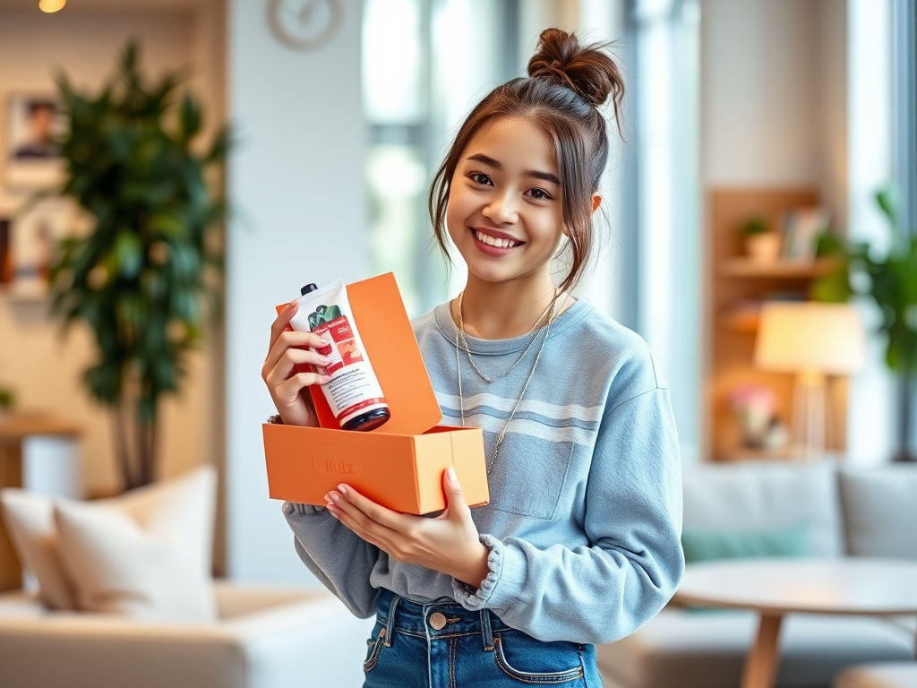 Influencer holding a product for unboxing, showcasing digital marketing and branding.